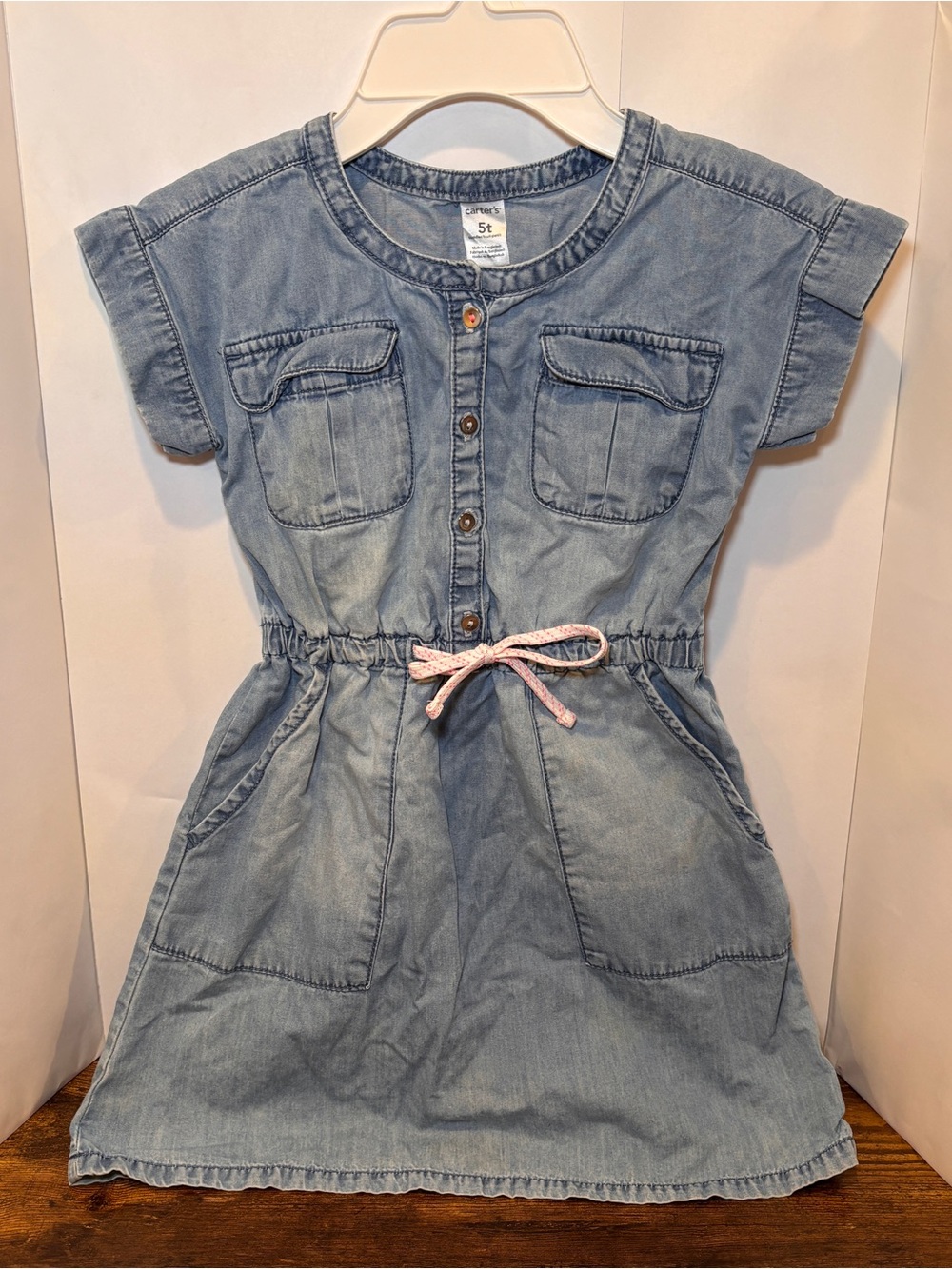 Carter’s Girls 5T Chambray Denim Shirt Dress Pink Tie Pockets 100% Cotton